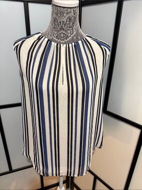 Ann Taylor Navy & White Vertical Stripe Keyhole Sleeveless Camisole